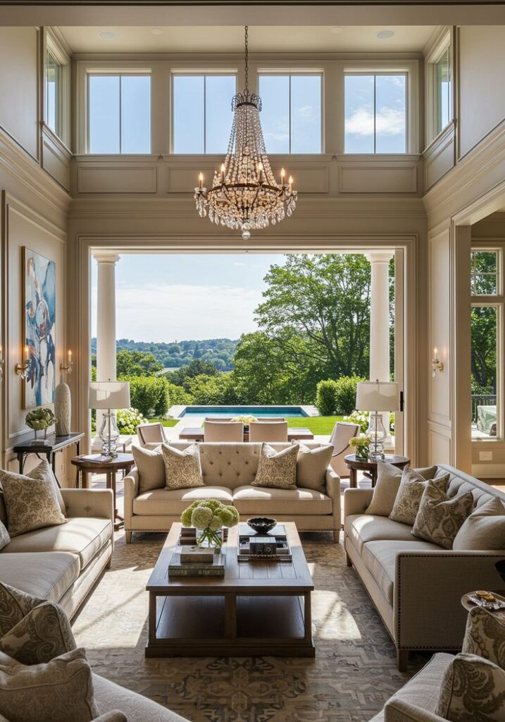 Luxurious living room with elegant chandelier, plush sofas, and large windows offering a stunning view of the pool and garden.