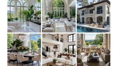 Luxurious modern home interior and exterior with elegant design, featuring spacious living areas, poolside views, and greenery.