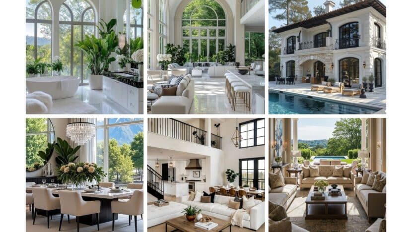 Luxurious modern home interior and exterior with elegant design, featuring spacious living areas, poolside views, and greenery.