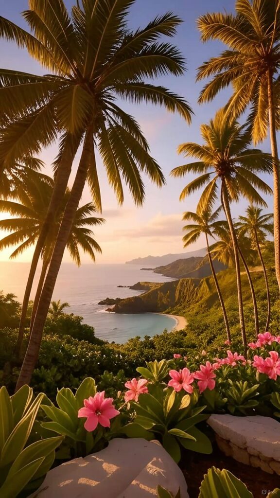 Tropical paradise at sunset with palm trees, vibrant pink flowers, and a serene beach overlooking the ocean. Perfect getaway scenery.