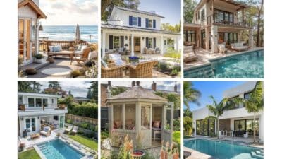 Collage showcasing peaceful outdoor views: beachfront patio, poolside lounges, garden gazebos, and modern home exteriors.