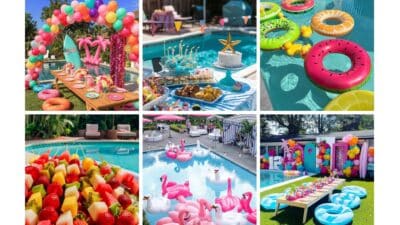 Colorful pool party with vibrant decorations, floating inflatables, treats, and festive table setups.