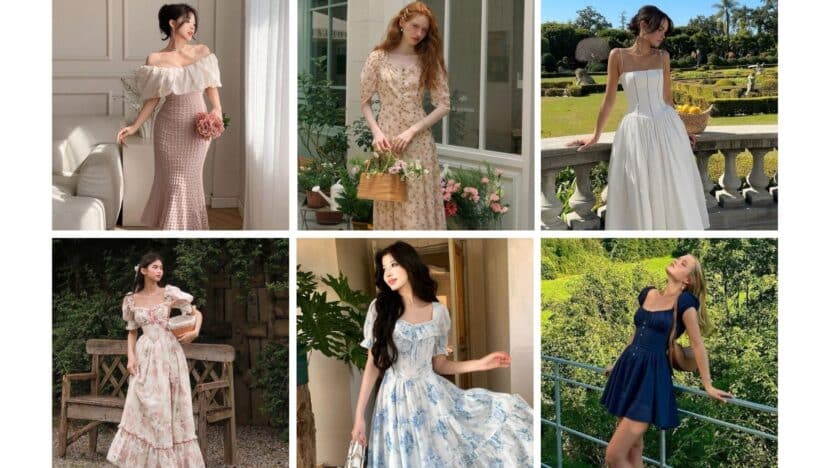 Women in elegant floral and solid dresses enjoying different settings: indoors, gardens, and sunny balconies. Fashionable and chic styles.