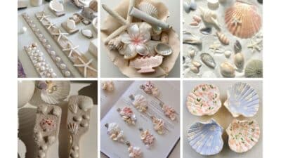 Assorted seashell crafts including starfish, decorative shells, and painted clam shells. Coastal art collection display.