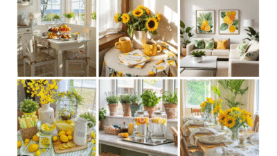 Bright, cheerful interiors showcasing sunflowers, lemons, and fresh decor in cozy dining and living spaces for a summery vibe.