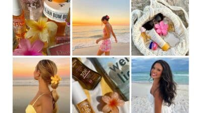 Collage of beach beauty essentials, sunset views, and smiling women on the shore. Perfect summer vibes.