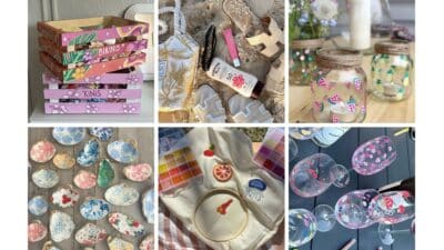 Creative DIY crafts: painted boxes, beach essentials, decorated jars, seashell art, embroidery, and hand-painted wine glasses.