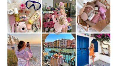 Travel essentials, fashion, and scenic views: A collage of beach outings, café settings, blooming flowers, and stylish accessories.