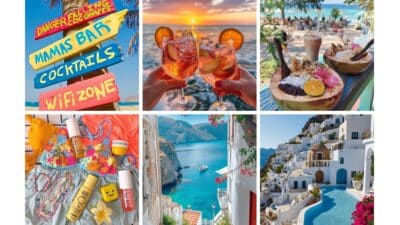 Colorful beach sign, tropical drinks, vibrant swimwear, and stunning coastal views showcase a perfect vacation paradise.