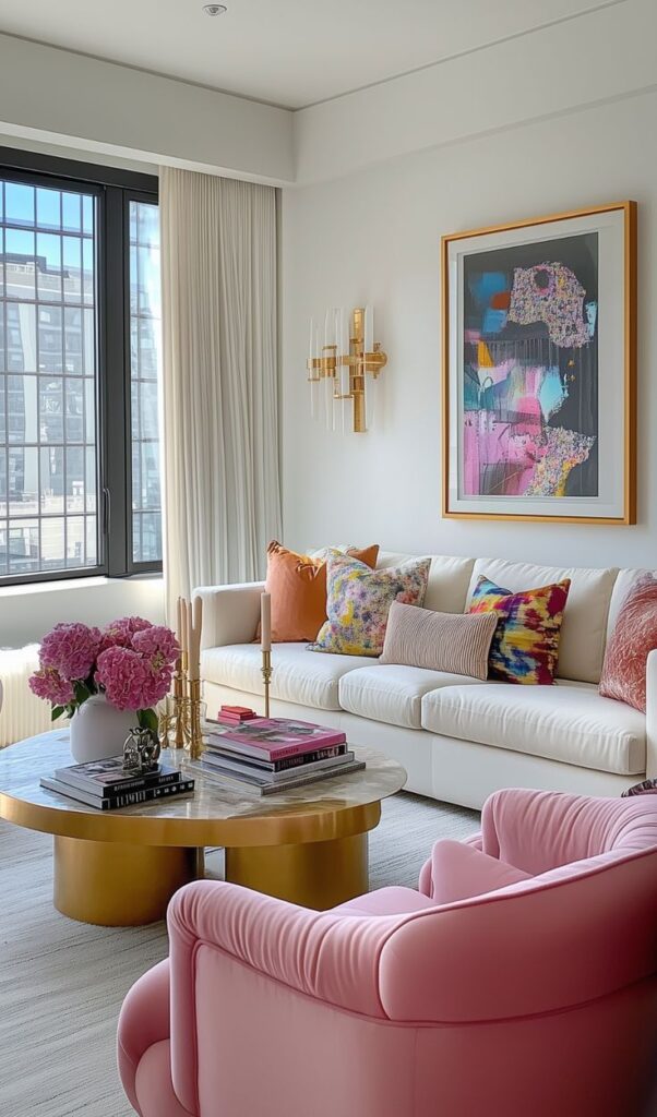Stylish living room with white sofa, colorful cushions, pink chairs, gold table, abstract art, and flowers near a bright window.