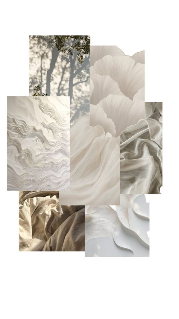Collage of soft, beige textures with fabric folds and subtle shadows, evoking a serene, natural aesthetic.