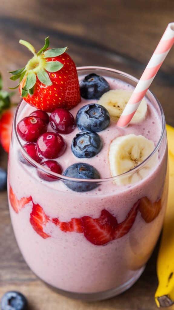 Creamy fruit smoothie with strawberries, blueberries, bananas, and cranberries, garnished with a straw. Refreshing and nutritious!