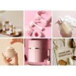 Collage of skincare products and accessories on pastel backgrounds, featuring creams, serums, brushes, and an essentials tote bag.