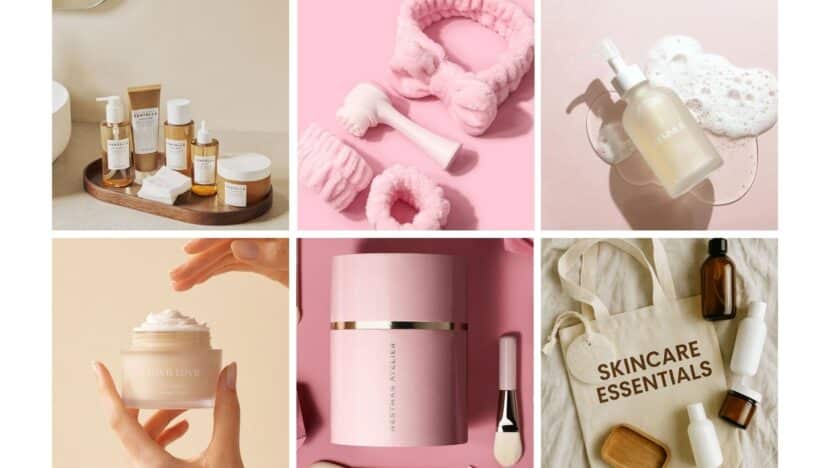 Collage of skincare products and accessories on pastel backgrounds, featuring creams, serums, brushes, and an essentials tote bag.