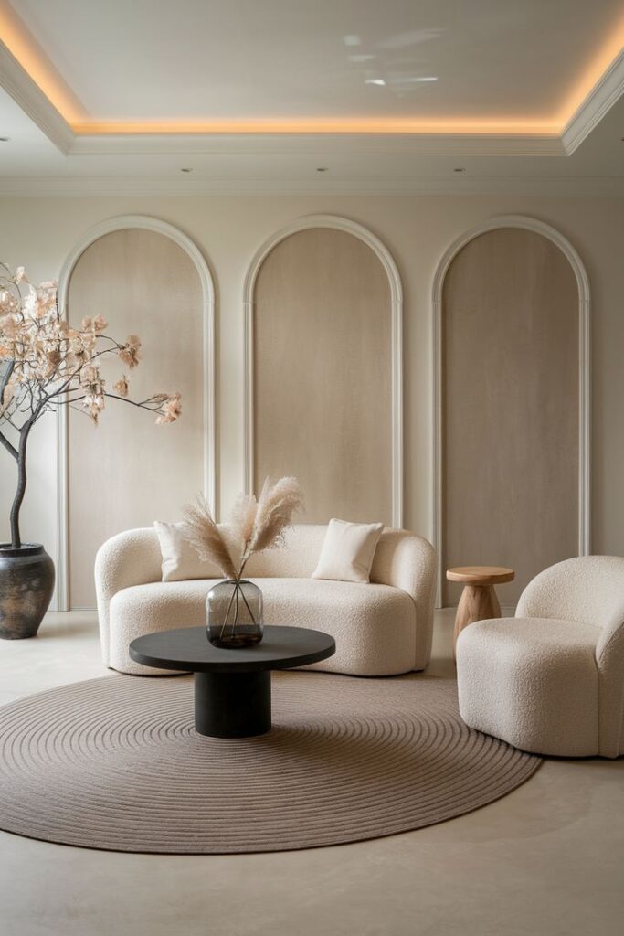 Minimalist living room with modern curved sofa, round coffee table, and soft lighting, highlighting sophisticated neutral tones and decor.