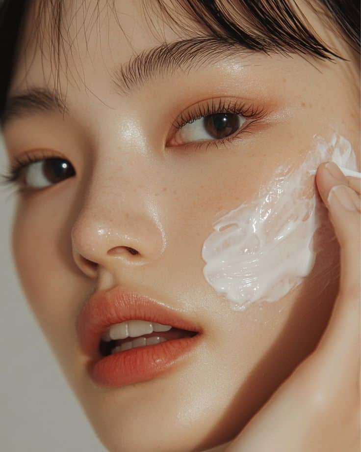 Close-up of a woman applying moisturizing cream on her cheek, showcasing smooth, radiant skin with a focus on skincare beauty.