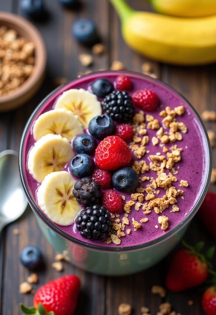 Colorful acai bowl topped with banana slices, mixed berries, and granola on a wooden table. Perfect healthy breakfast.