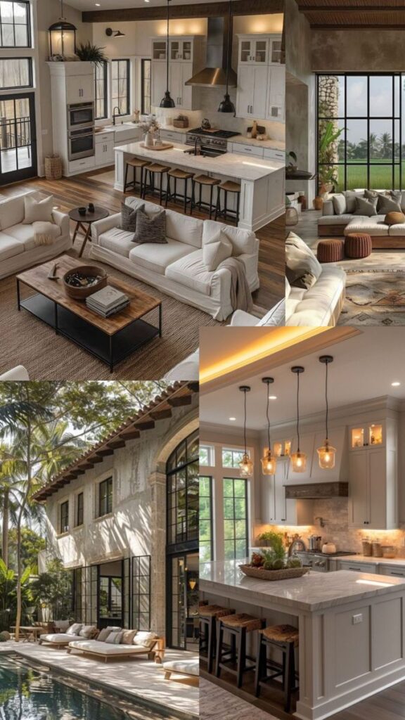 Elegant modern interiors featuring cozy living areas, stylish kitchens, and outdoor spaces with lush greenery and serene pools.