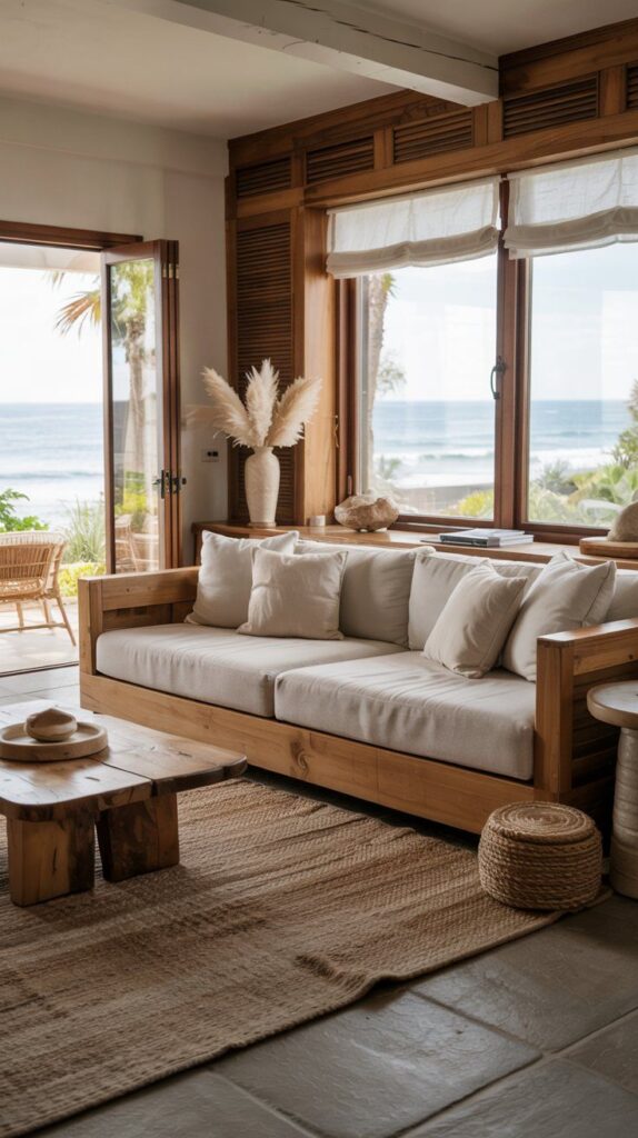 15 Stunning Modern Coastal Decor Living Room Designs for 2025 - Handy Home Cozy coastal living room with wooden sofa, natural decor, ocean view. Bright, airy, beach-inspired interior design.