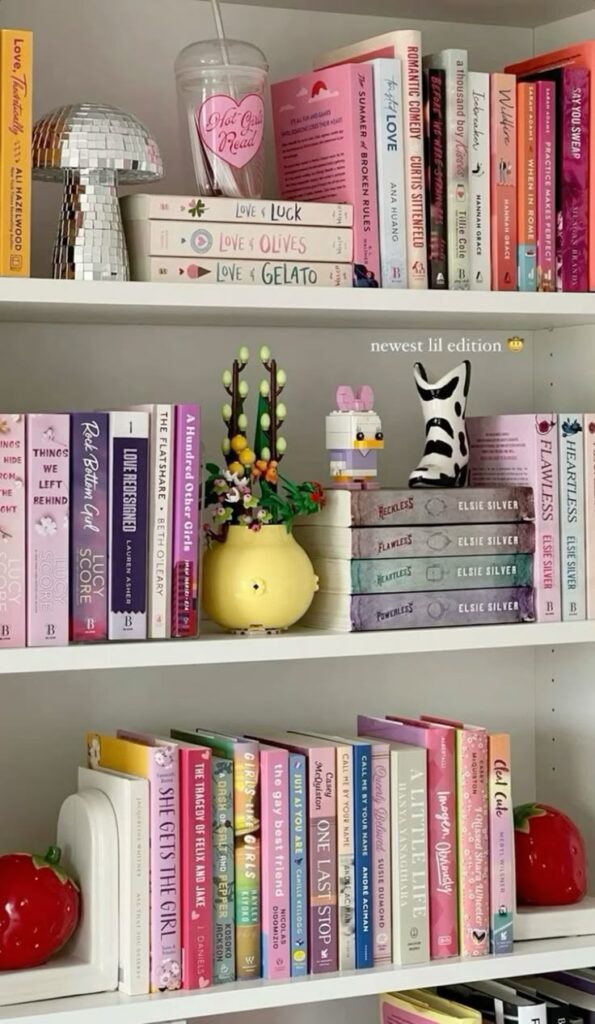 Colorful bookshelf with romance novels, decorative items, and a cup reading Hot Girls Read. Cozy and inviting reading nook.