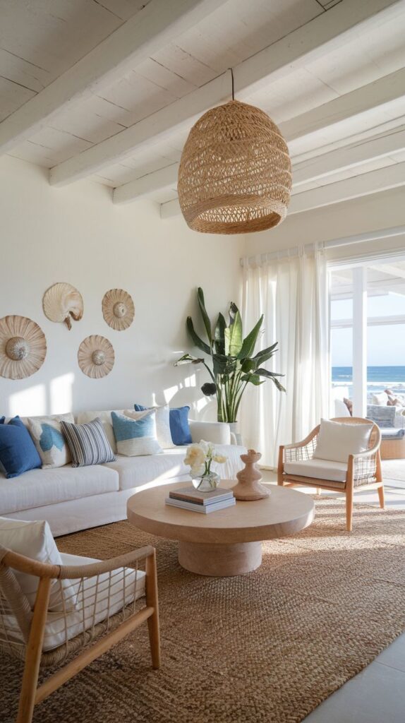 17 Luxury Boho Beach House Interior Decor - Handy Home Coastal living room with natural decor, woven pendant light, and ocean view. White sofa, blue cushions, wooden furniture, and indoor plant.