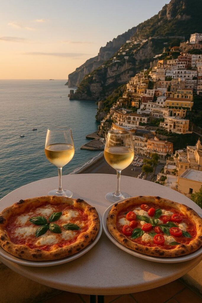Delicious pizzas and wine overlooking a stunning coastal view at sunset in Positano, Italy. Perfect sunset dining experience.