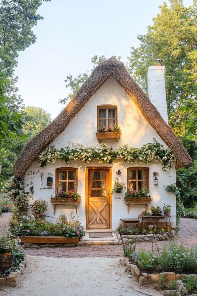 Charming cottage with a thatched roof, surrounded by lush greenery and blooming flowers, offering a fairy-tale escape in nature.