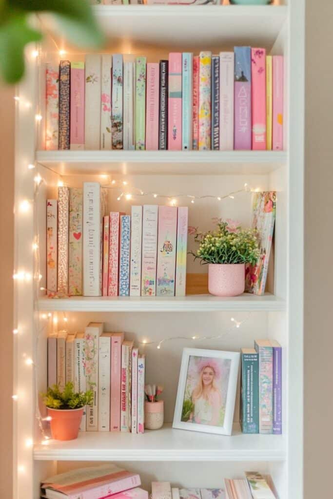 Cozy bookshelf with colorful books, fairy lights, and plants; a framed photo adds a personal touch to the charming display.