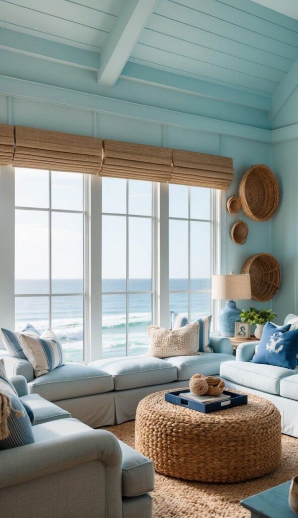 21 Breezy Coastal Living Rooms For A Beachy Feel _ Relixiy - Handy Home Coastal living room with ocean view, light blue hues, wicker decor, and cozy seating for a relaxed beach house feel.