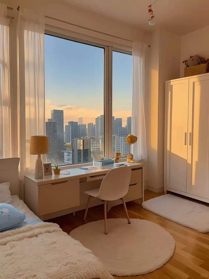 Cozy bedroom with a study desk, city skyline view, and warm sunlight streaming through large windows, highlighting modern decor.