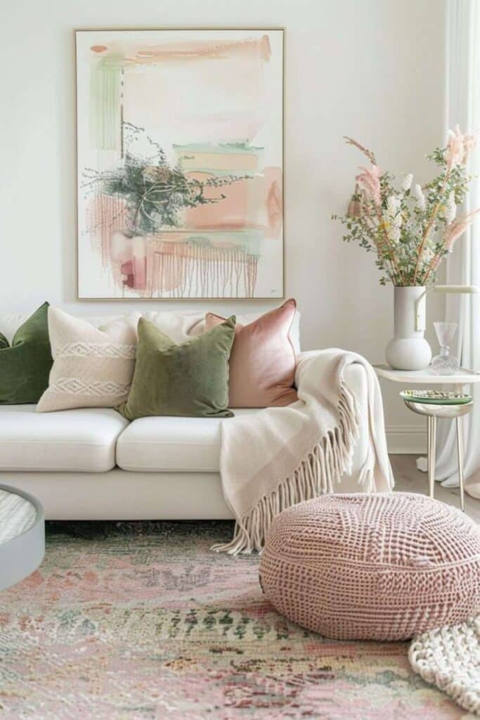 Stylish living room with a cozy sofa, pastel cushions, abstract wall art, and decorative plants for modern home decor.