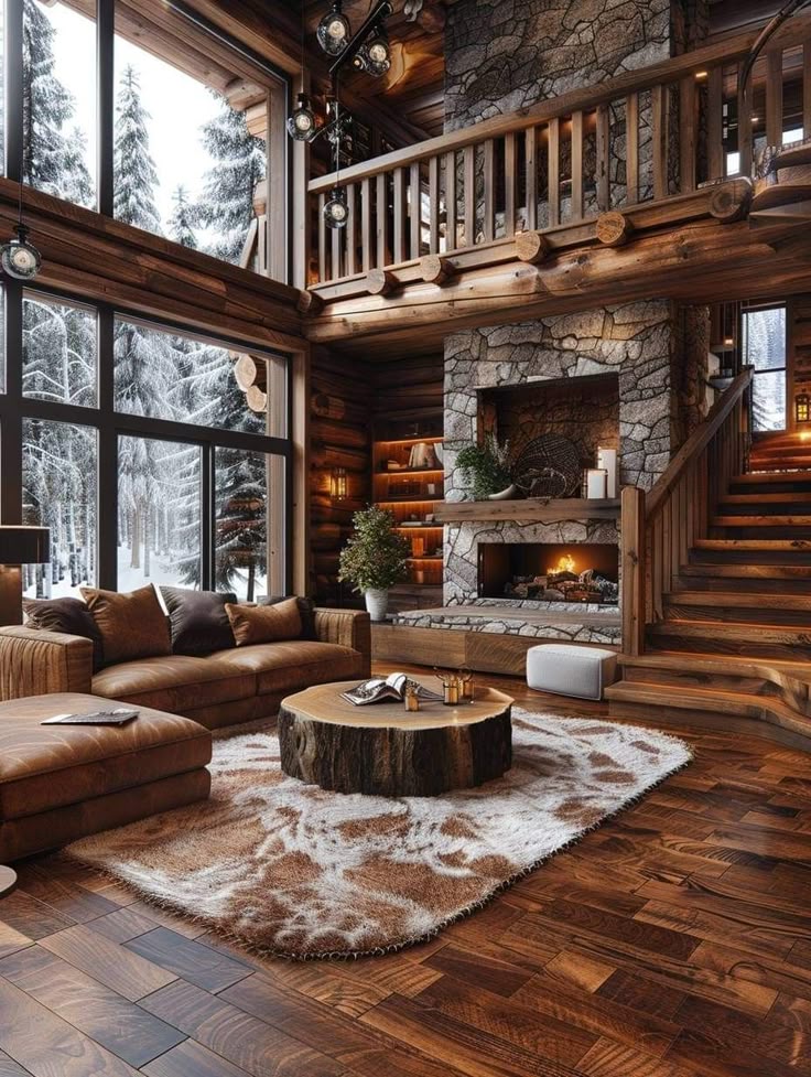 Cozy log cabin interior with stone fireplace, rustic wooden staircase, and large windows overlooking a snowy forest. Warm, inviting decor.