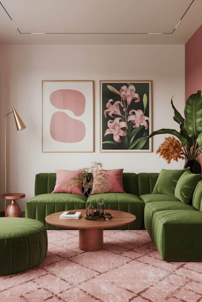Stylish living room with green velvet sofa, pink accents, floral art, and a cozy, modern ambiance.