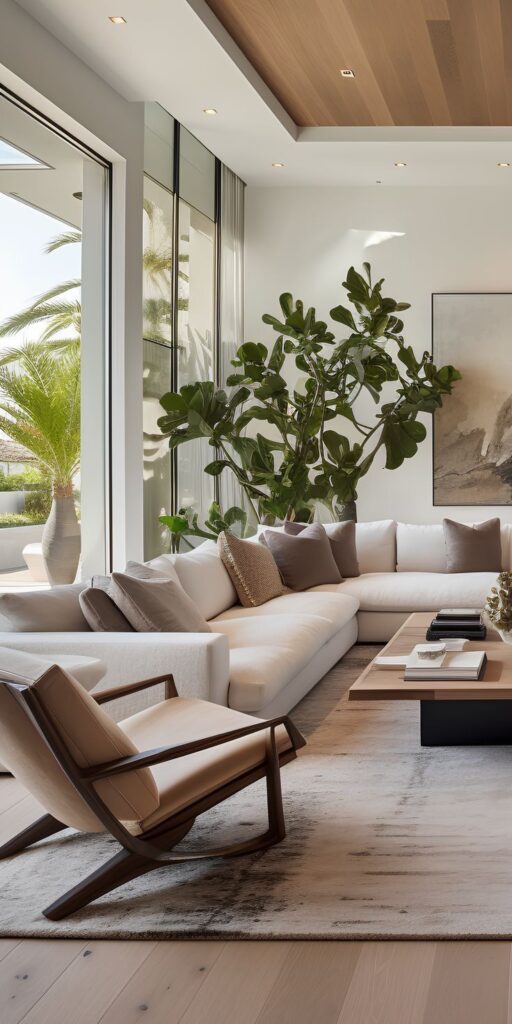 Modern living room with cozy white sofa, large plant, and wooden accents. Spacious, sunlit interior with stylish decor.