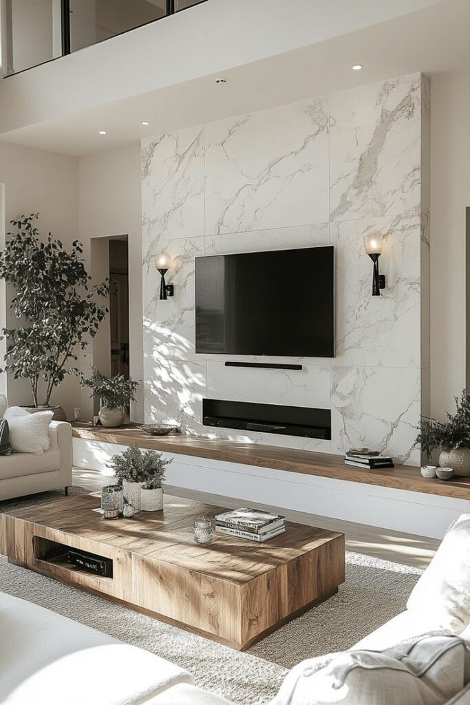 Modern living room with marble TV wall, cozy seating, wooden coffee table, and decor accents, creating a sophisticated atmosphere.