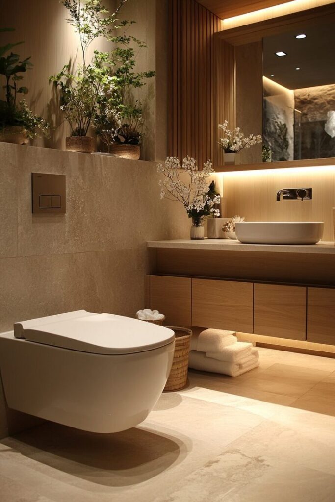 Modern bathroom with sleek fixtures, ambient lighting, and natural decor for a tranquil spa-like atmosphere.