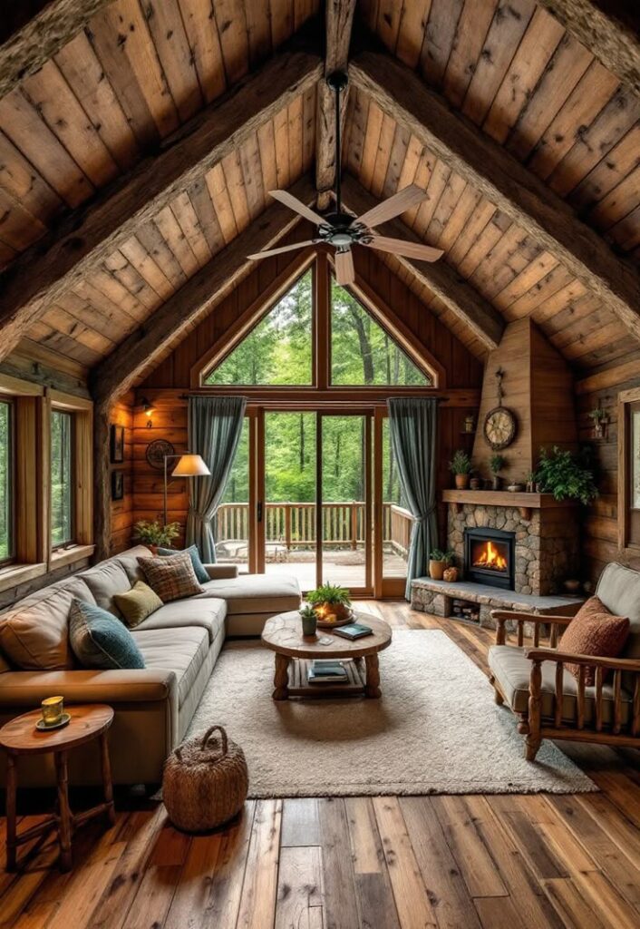 Cozy log cabin living room with wooden beams, fireplace, and large windows overlooking a lush green forest. Perfect rustic retreat.