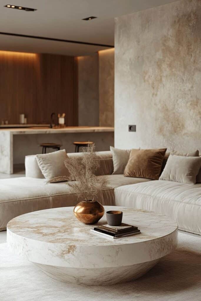 Modern cozy living room with a marble coffee table, neutral-toned sofa, and warm lighting. Contemporary home interior design.