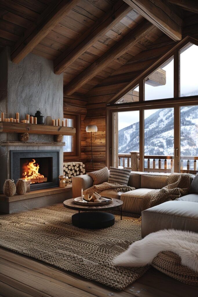 Cozy rustic log cabin living room with a roaring fireplace, large windows, and mountain views. Warm wooden interiors and soft furnishings.