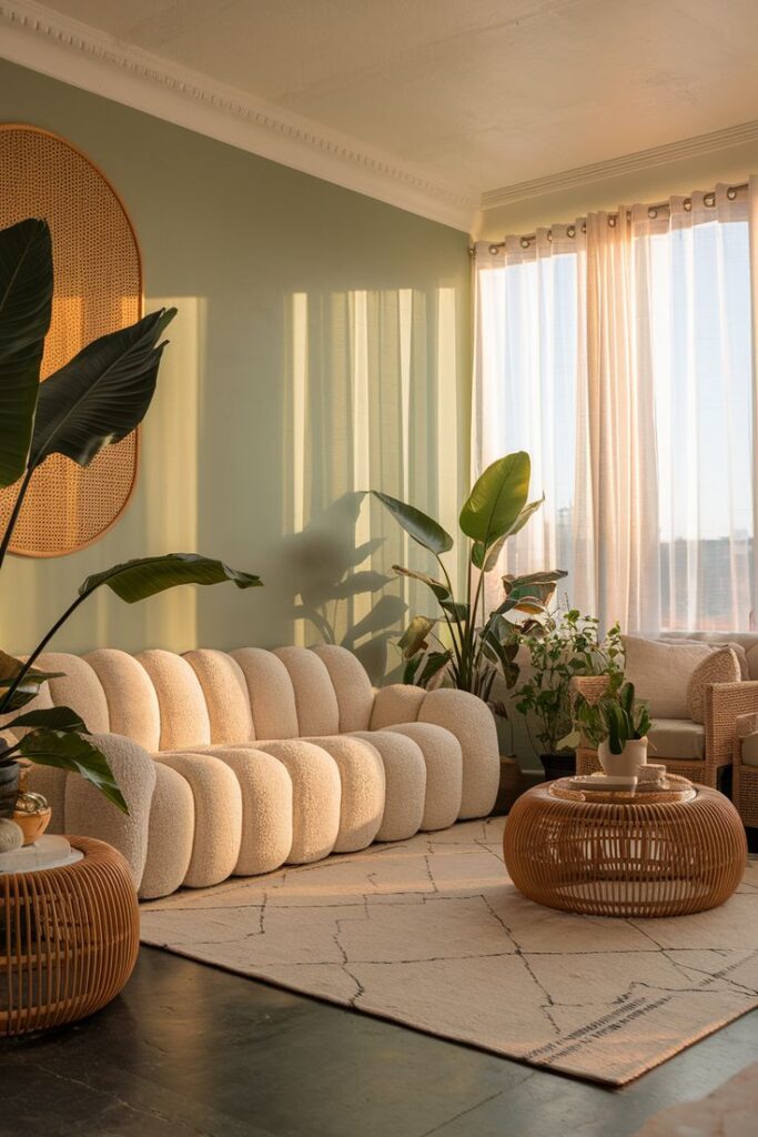 Cozy living room with plush sofa, rattan furniture, green plants, and soft sunlight streaming through sheer curtains.