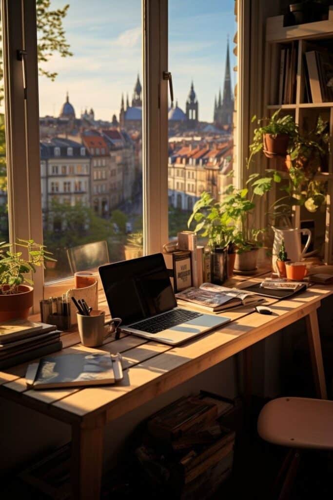 Cozy home office desk by window with laptop, plants, and books overlooking charming cityscape at sunset.