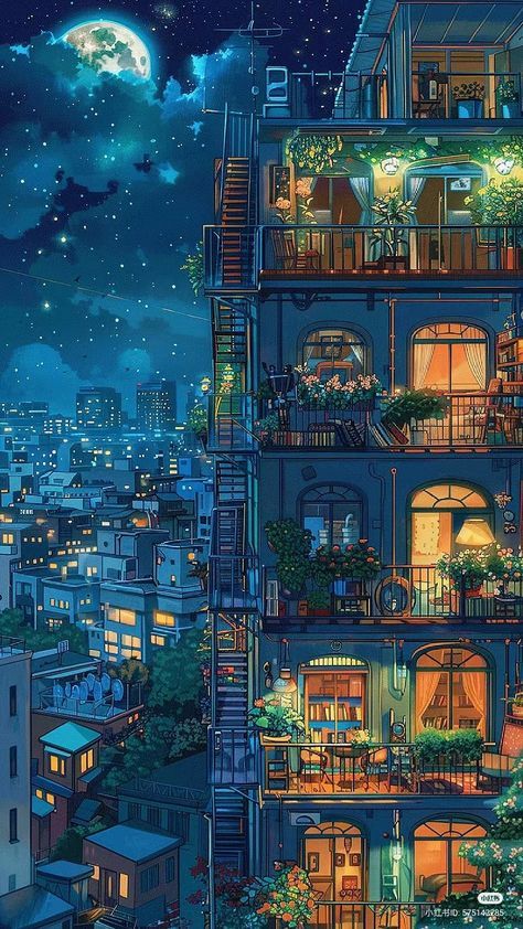 Anime-style cityscape at night with a moonlit sky and glowing apartment lights, highlighting cozy balconies.
