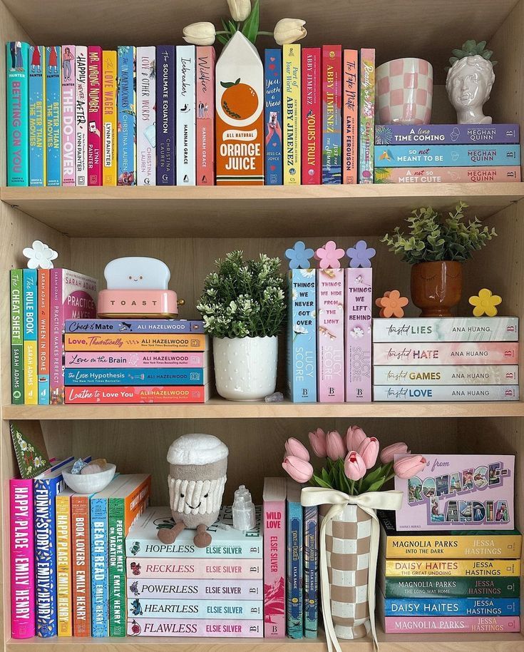 Colorful bookshelf with neatly arranged books, clay figures, and pastel decor accents, ideal for a cozy home library inspiration.