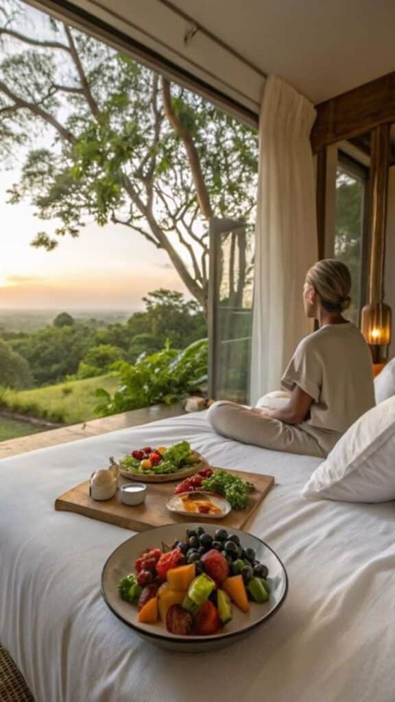Woman enjoying a serene morning view with a healthy breakfast in bed, overlooking lush greenery and sunrise.