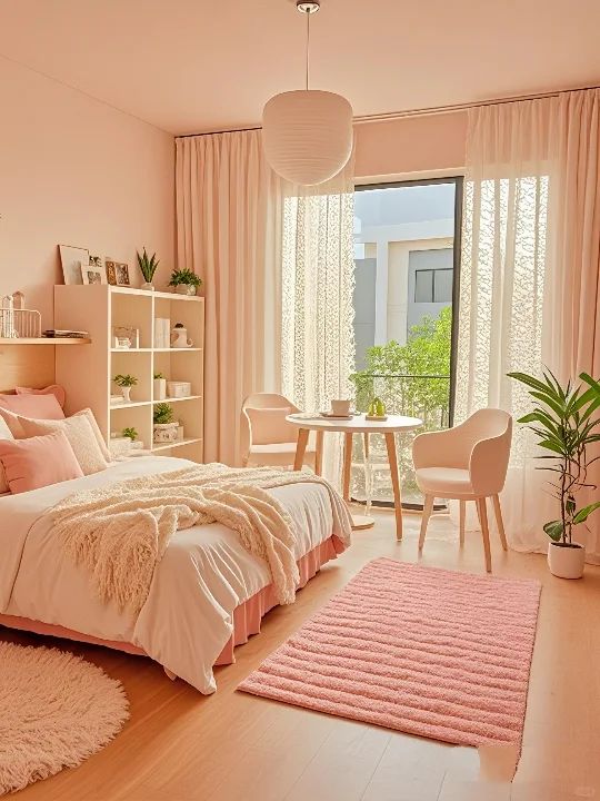 Cozy pink bedroom with modern decor, natural light, plush bedding, and plants, creating a serene and inviting ambiance.