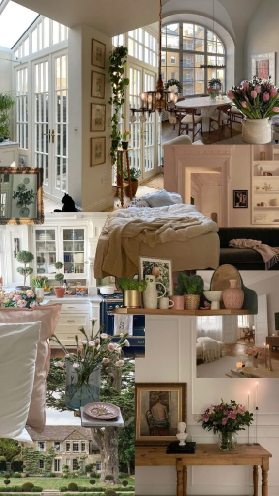 Collage of cozy interiors and elegant decor, featuring lush greenery and flowers in a bright and airy home setting.