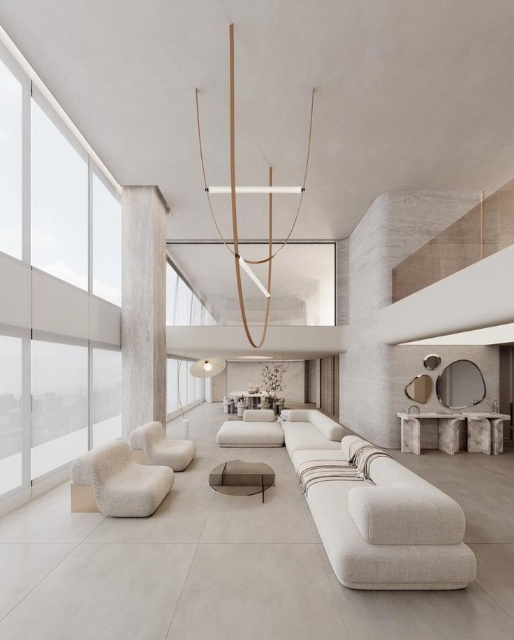 Minimalist luxury living room with large windows, modern furniture, and sleek chandelier. Bright, open, and stylish space.
