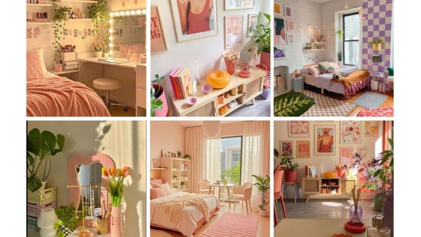 Collage of cozy, pastel-themed bedroom interiors with plants, soft lighting, and decorative accents.