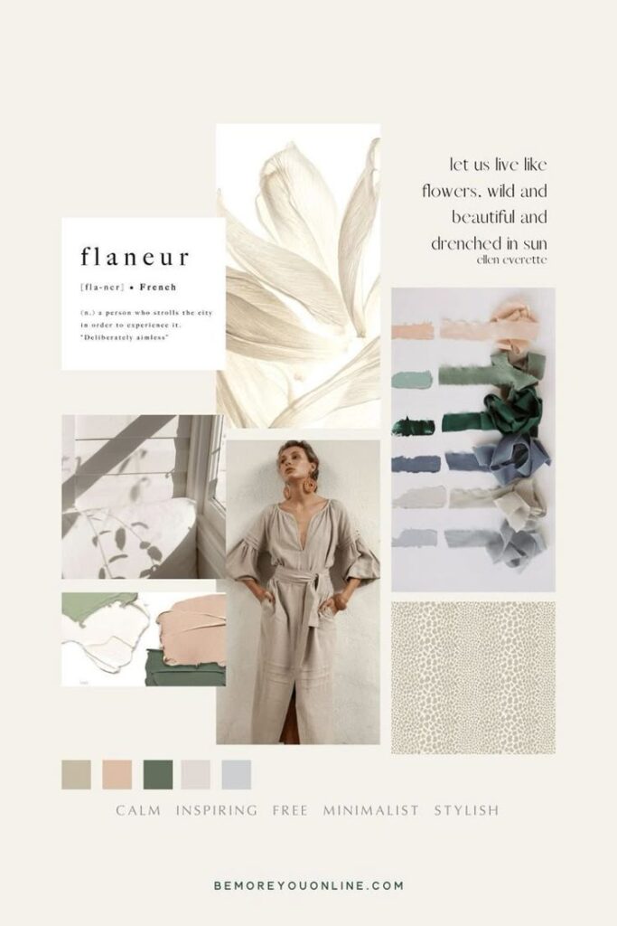 Minimalist mood board featuring fashion, nature, and the word flaneur, evoking a calm, inspiring, and stylish lifestyle.