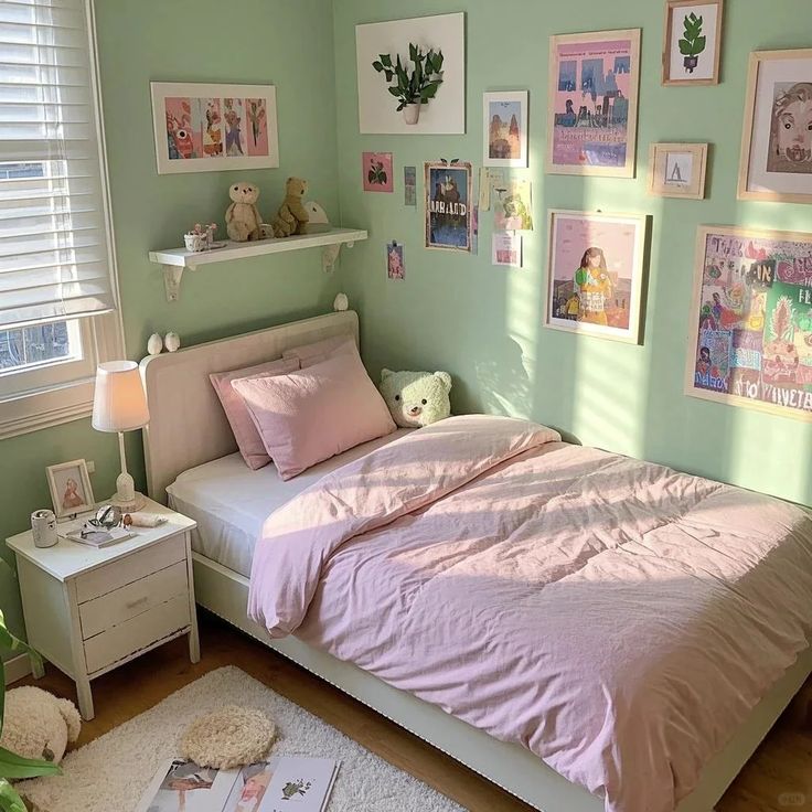 Cozy bedroom with pink bedding, mint walls, art, and plush toys, sunlight streaming in, creating a serene and inviting atmosphere.